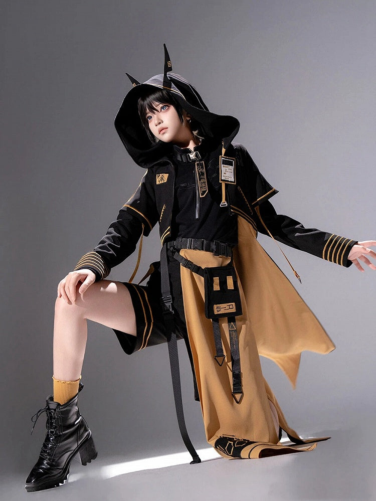 Cyberpunk Ouji Tech-Wear Black & Yellow Hooded Cropped Coat, Size S - Princess Chronicles