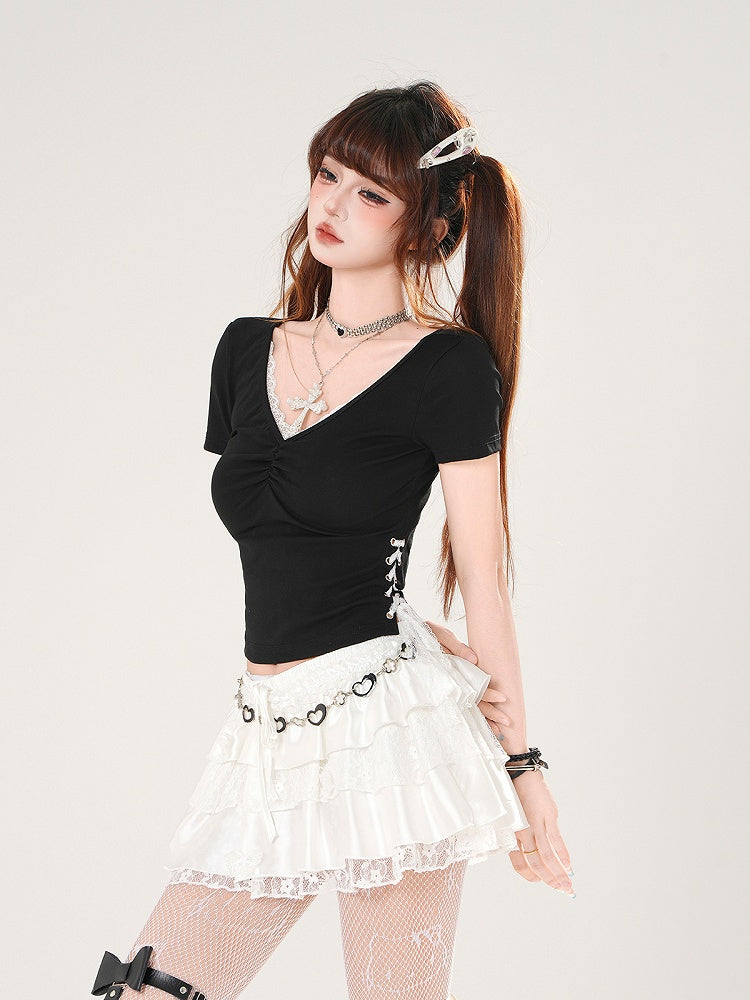 Trim Butterfly Appliques Lace Elastic Waist White/Black