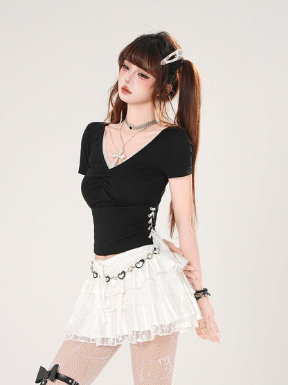 Slim-fitting T-shirt White/Black Side V-neck Lace Trim Lace-up