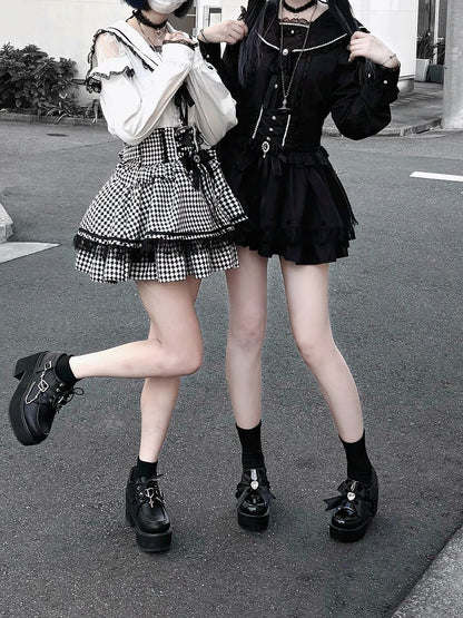 Anhängerbesatz Bluse Spitze mit Jirai Kei Schwarz/Weiß Matrosenkragen Cutout Choker Schulter Herz