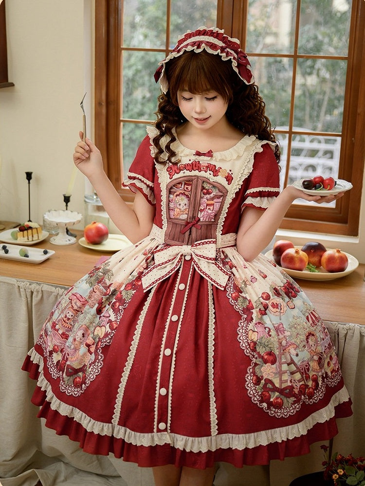 Sweetheart Puff-Sleeve Fruit Print Lolita Dress - Honey Machine