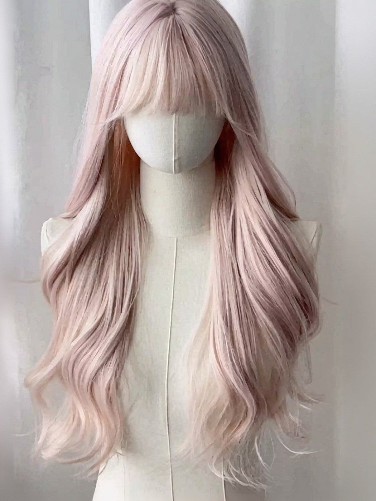 Pink Gold 70cm Long Wavy Curly Wig with Full Bangs - Meow Island Wig