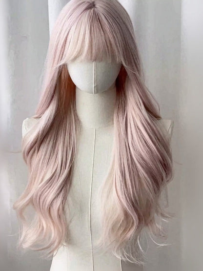 Pink Gold 70cm Long Wavy Curly Wig with Full Bangs - Meow Island Wig