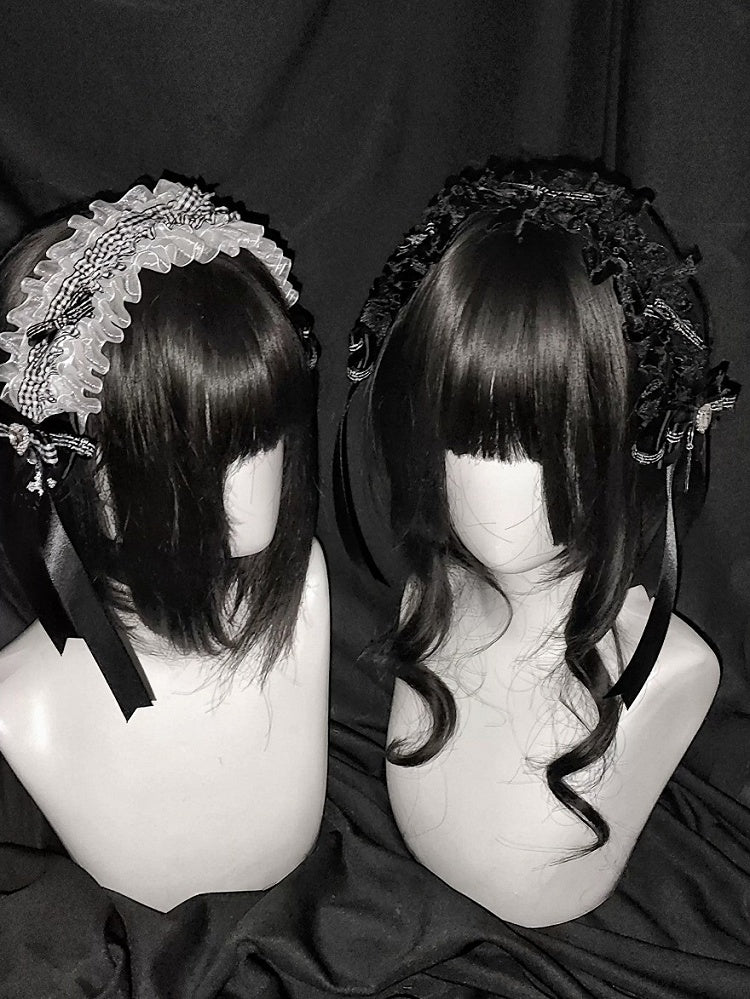 2-Tone Black & White Lace Hairband Rhinestone Cross