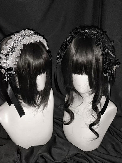 2-Tone Black & White Lace Hairband Rhinestone Cross