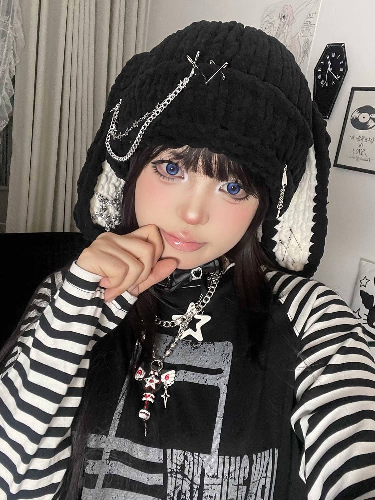 Style with Winter Pin Cute Details Hat Bunny Beanie Punk Black Warm Chain - Ear