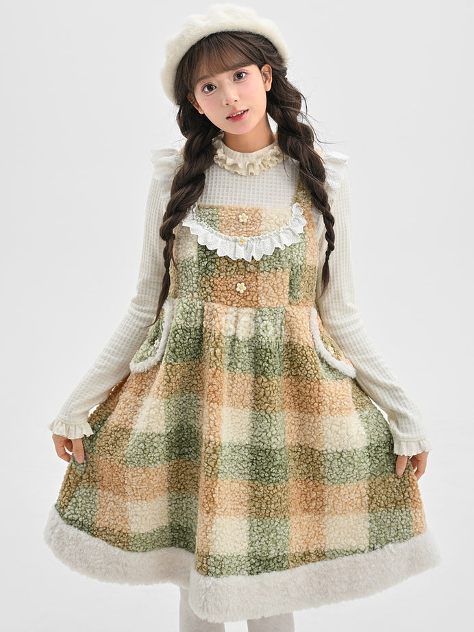 Green Floral Button Details Lace Trim Plaid Fleece Overall Dress with Pockets