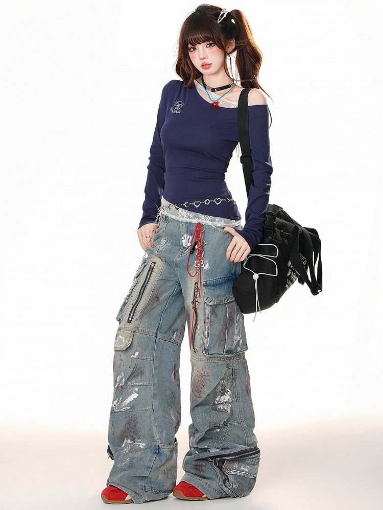 Aprikose/königsblaues, schmal geschnittenes Oberteil mit Spitzenakzenten und asymmetrischem Ausschnitt