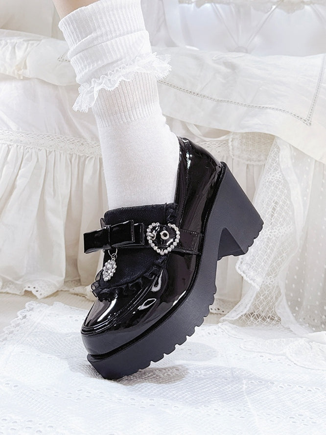 Platform Bow with Trim Polished Lace Kei Loafers Accents Jirai Rhinestone Details Black - Heart
