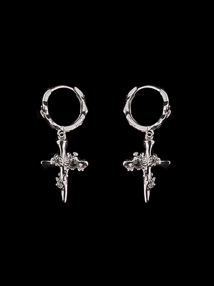 Silver Gothic Cross Dangle Earrings with Rhinestones - Insomnia Artist