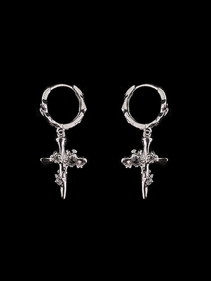 Silver Gothic Cross Dangle Earrings with Rhinestones - Insomnia Artist
