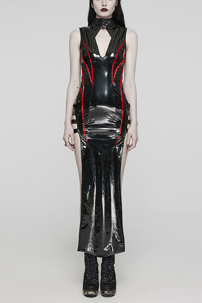 PU Leather Sleeveless Hollow Side Slit Buckle Women's Steampunk Dress