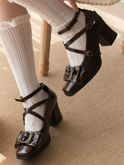 Zehenbild Heels Mitte Crisscross bei Square Frame - Riemen Design Schleife Schnalle Elegantes Top Braun Lolita