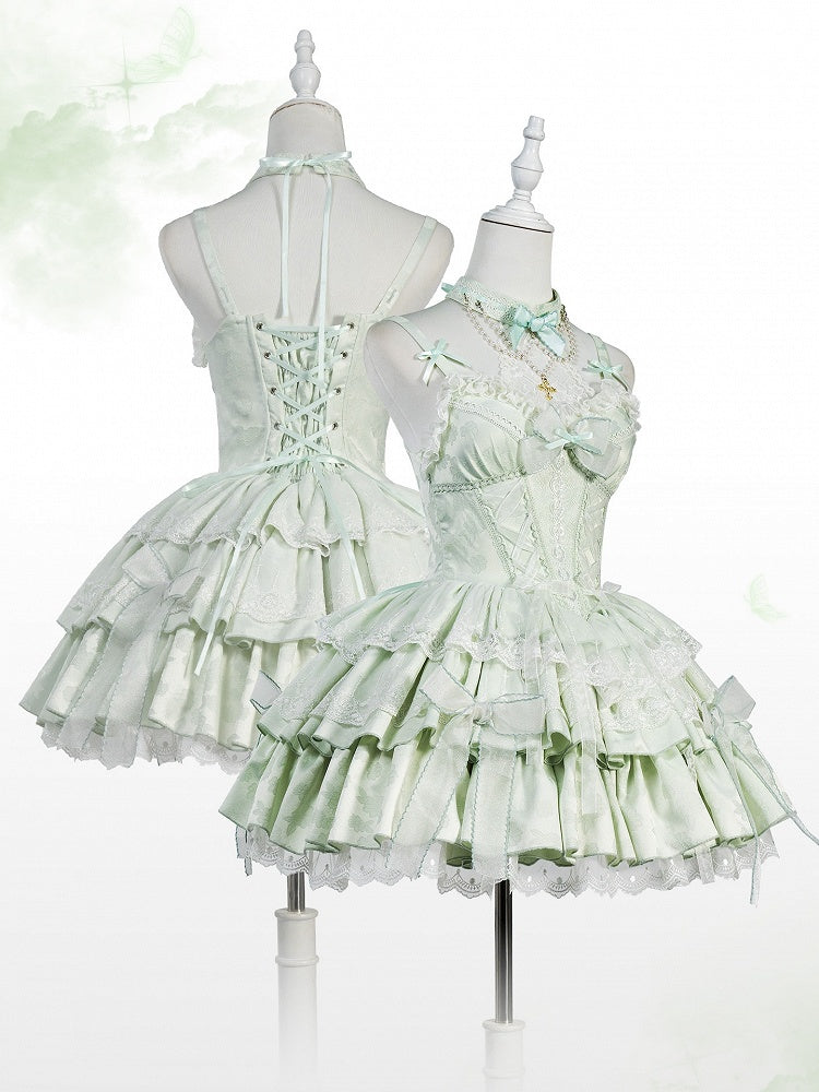 Light Green Boned Corset Waist Layered Dress Balletcore Lolita Jumper Skirt
