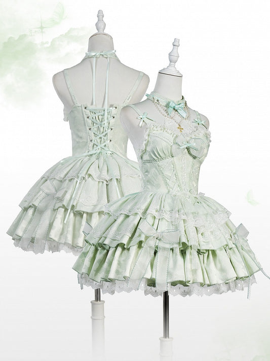 Light Green Boned Corset Waist Layered Dress Balletcore Lolita Jumper Skirt