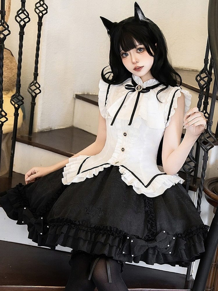 Vintage Elegant Sleeveless Lolita Top & Bow Pearl Accent Skirt Outfit in Black & White - Xiong Dou Jiang