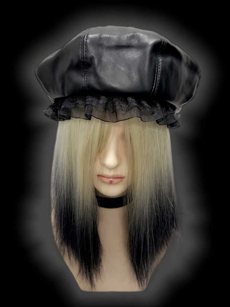 Schwarze Baskenmütze aus PU im Y2K-Stil mit Spitzenbesatz