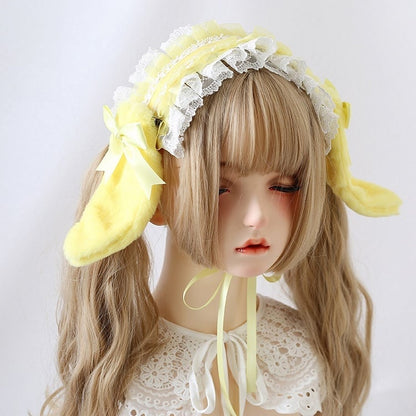8 Colors Cute Lolita Lace Hairband With Detachable Bowknot And Plush Bunny Ears