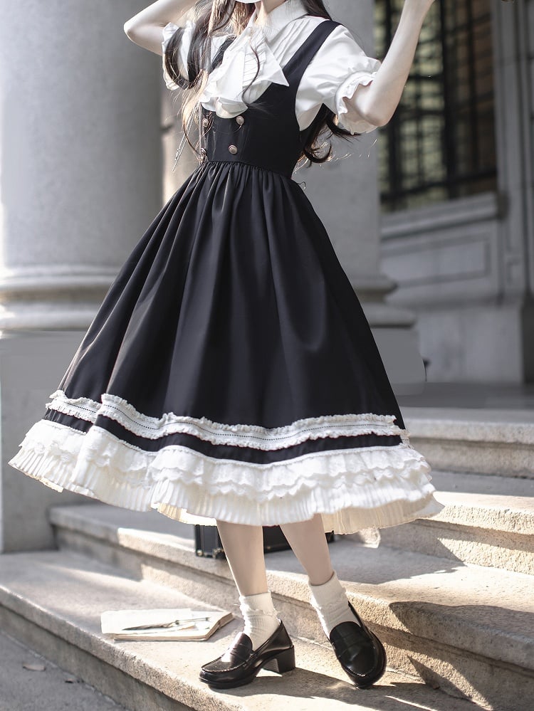 Schwarzes Overallkleid im Preppy-Stil mit hoher Taille und beigem Spitzenbesatz