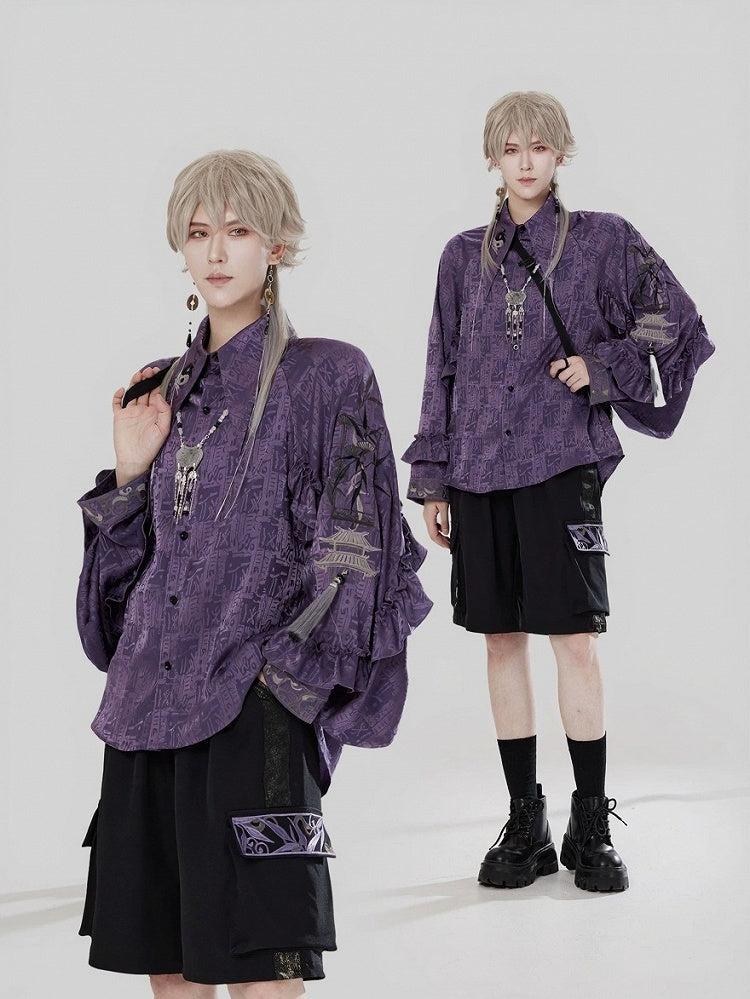 Style Chinese Side Embroidery with Shorts Pockets Black