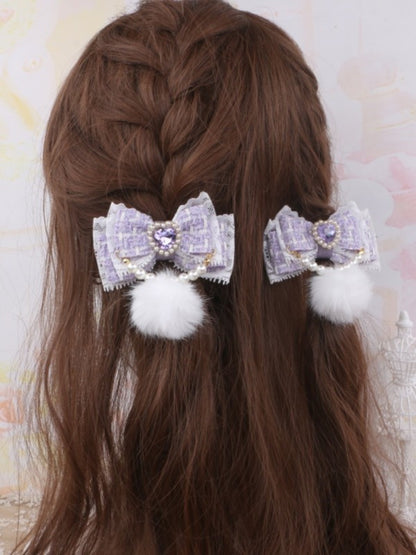 Rhinestone Color Hairclip Bowknot 7 Pearl With Kei Pom-Pom Jirai Heart Options Chain