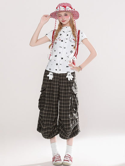 Brown with Hand Puppet Shorts Cargo Plaid Capri Charm