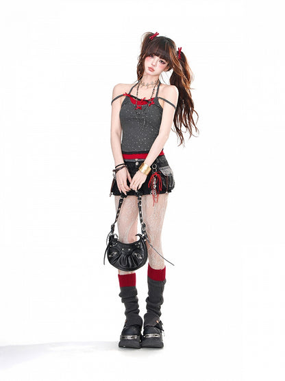 Grau/weißes Neckholder-Camisole mit Schleifendetails, zweiteilig, glamourös