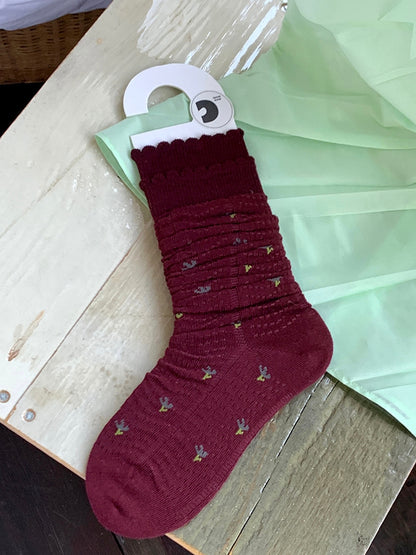 Blumenmuster Grau/Weiß/Weinrot Strümpfe Unter dem Knie Rot/Schwarz