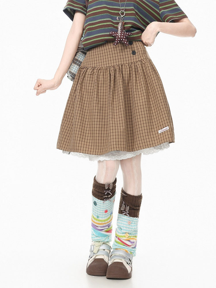 Coffee Plaid Skirt with Lace Accents