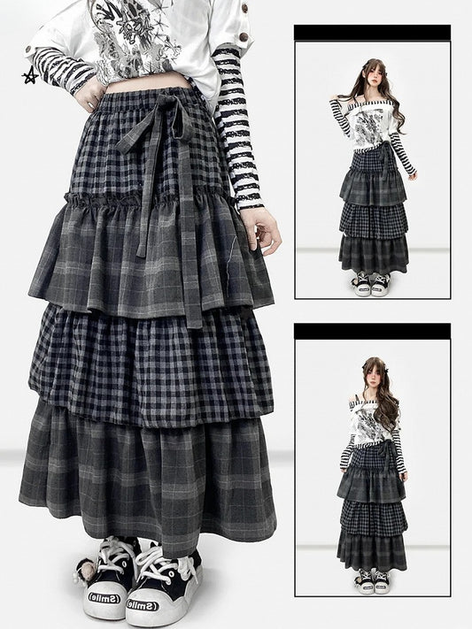 セルフタイダークストラップティアードチェックグレーパターンスカートビタースイート