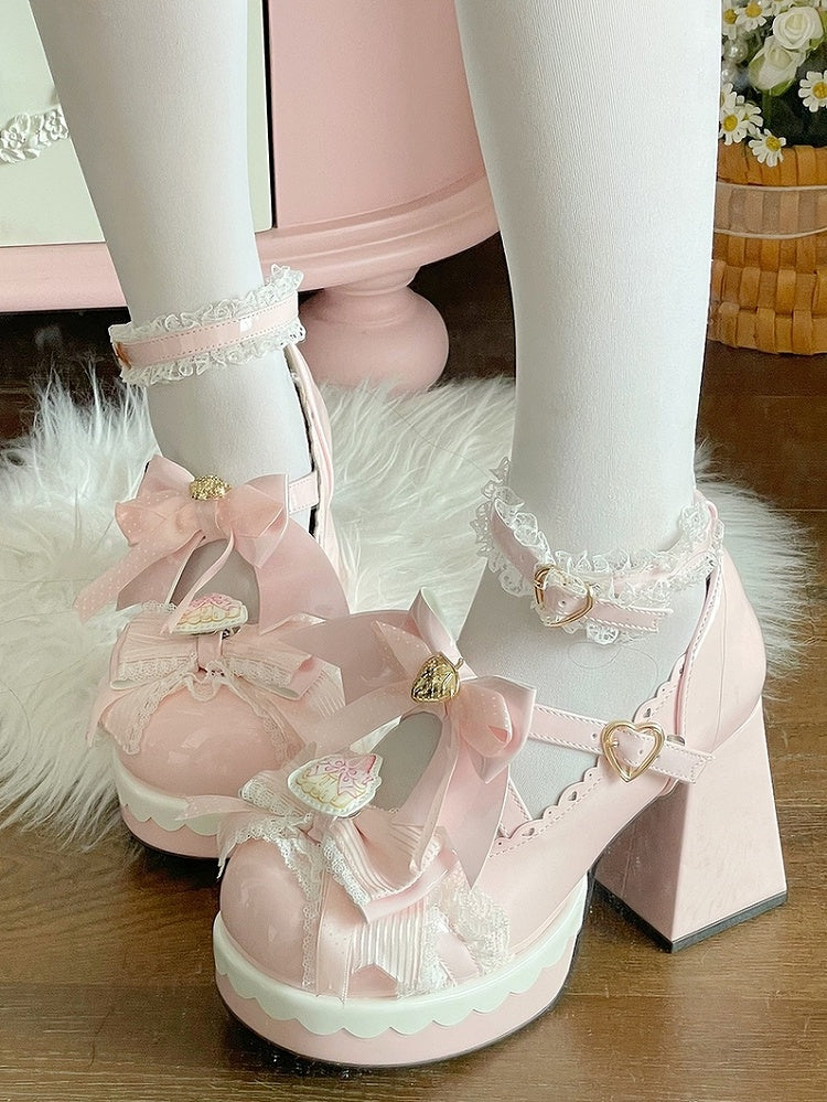 Accents Lolita Decor Pink Decorative Heart Heel Snap in Bow Sweet PU Strawberry Janes Block High Mary