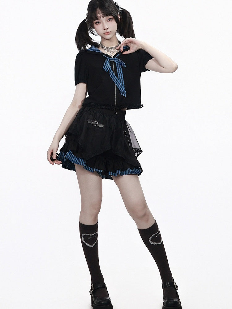 Asymmetrical Plaid Skort with Ruffle and Buckle Strap - PINK SAVIOR