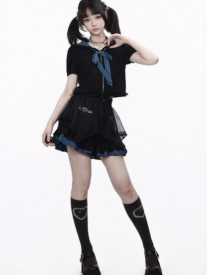 Asymmetrical Plaid Skort with Ruffle and Buckle Strap - PINK SAVIOR