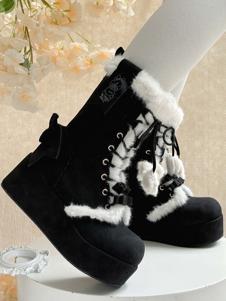 Lined in Sweet 4cm Black Romantic Lolita Boots Plush Bow Accents Platform