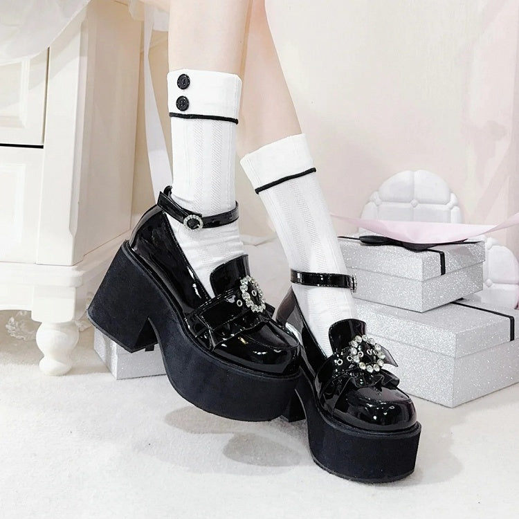 Jirai High 9CM Schwarze Block-Plateauschuhe mit poliertem Knöchelriemen und Kei-Absatz