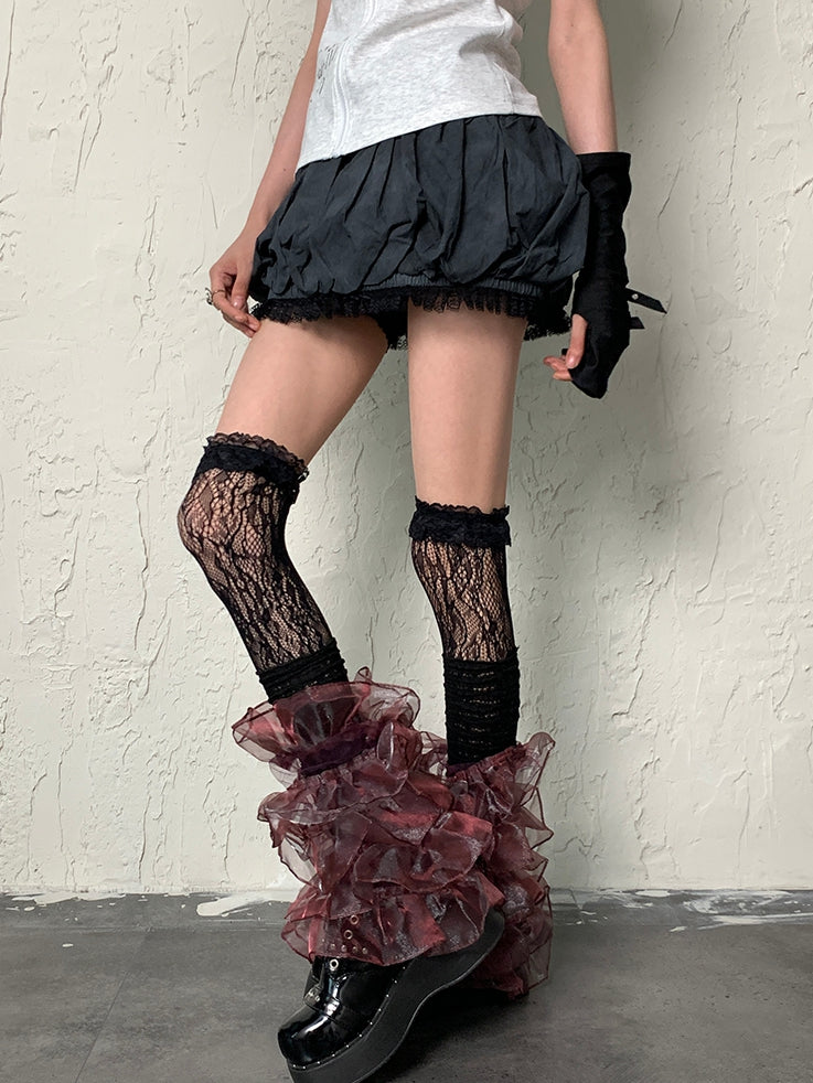 Y2K Lace Multi-layered BlackRed Sleeves Leg Trim