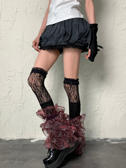 Y2K Lace Multi-layered BlackRed Sleeves Leg Trim