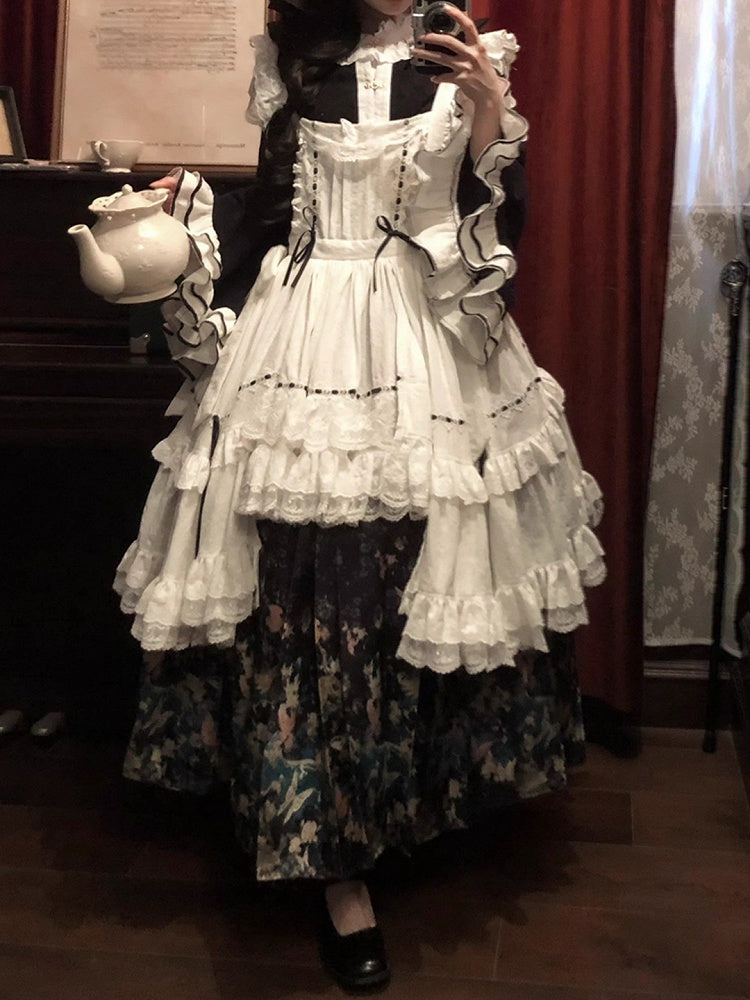 White Bell Bonnet Black Han Floral Apron Horse-face Sleeves Print Top Lolita + Skirt Set