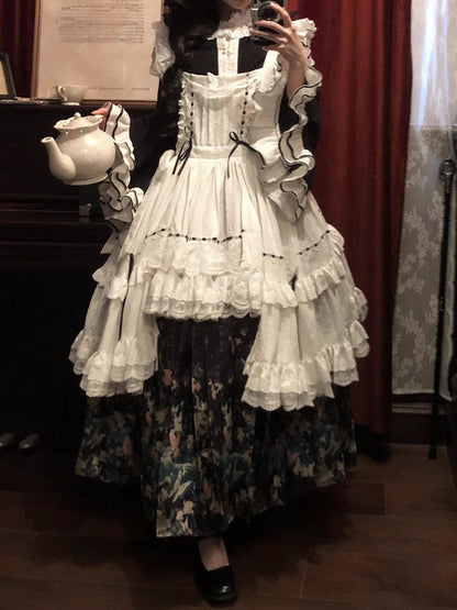 White Bell Bonnet Black Han Floral Apron Horse-face Sleeves Print Top Lolita + Skirt Set