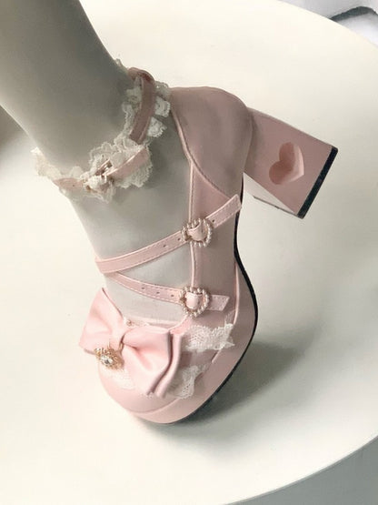 4 Colors 2cm Platform Pendant Detail Lolita Mary Jane Shoes with Bow and Lace Trim - Unmissable Berry