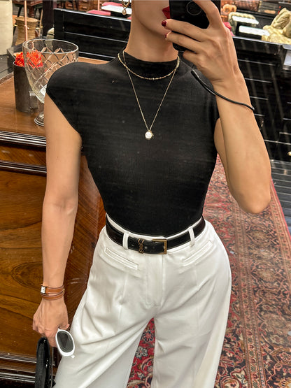 Vintage Schwarz Blau Ärmelloses Stricktop