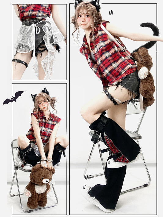 Letter Sleeveless Pattern Red Shirt Plaid Embroidery Y2K