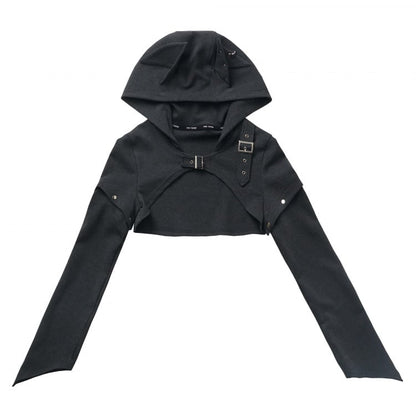 ダークグレーのウルフイヤーフード付きクロップドトップ