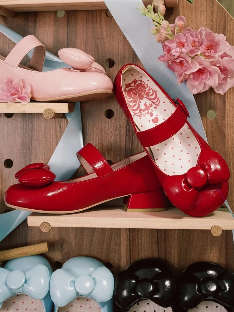 PU Janes Toe Mary Top Lolita Heart Bow - at Buckle Round Red