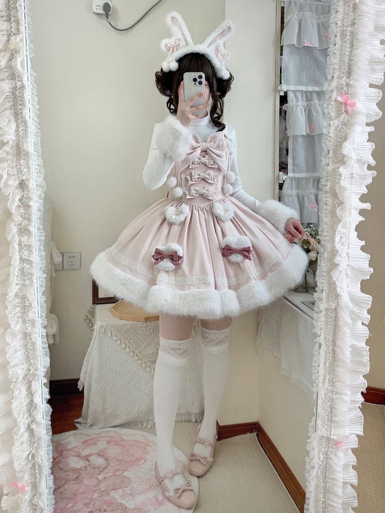 with Lolita Accents Plush Green Mint Pink Winter Bow / Sweet JSK Dress and Hemline