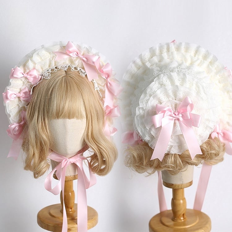 Farben: Abnehmbare Lolita-Haube mit Schleife, Spitzenbesatz und süßem, elegantem Beige 12