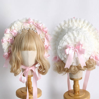 Colors Detachable Lolita Bowknot Bonnet Lace-Trimmed With Cute Elegant Beige 12