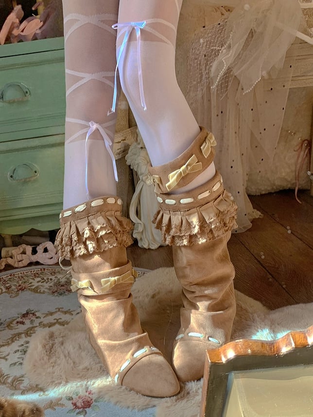 with Ruffles Mid-calf Leg Accents Garter Pair of Trim - Vintage A Pointed Brown Boots Toe Bow