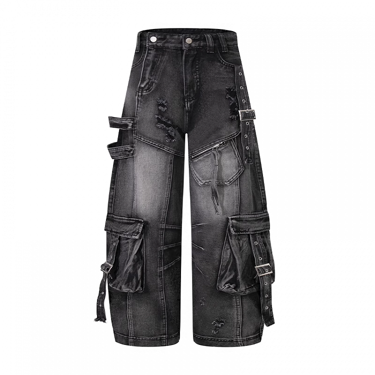 Jeans Rise Faded Wash Distressed Holes Weites Bein Cargo Schwarz Niedrig