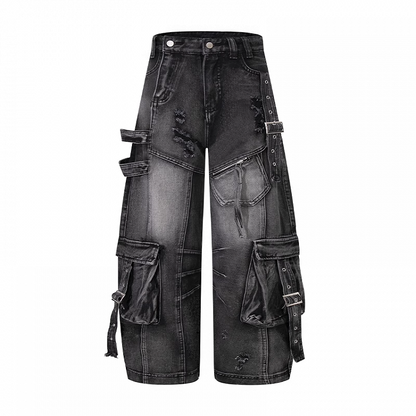 Jeans Rise Faded Wash Distressed Holes Weites Bein Cargo Schwarz Niedrig